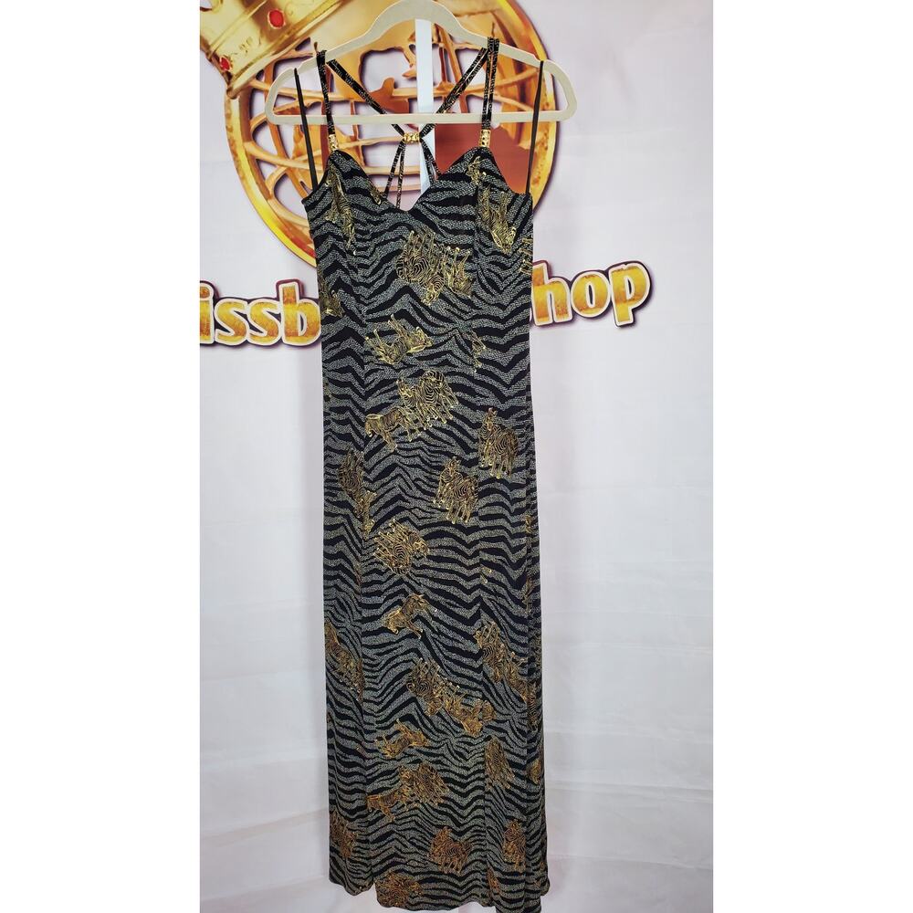 Speed Black Gold Zebra Print Maxi Dress Size Large